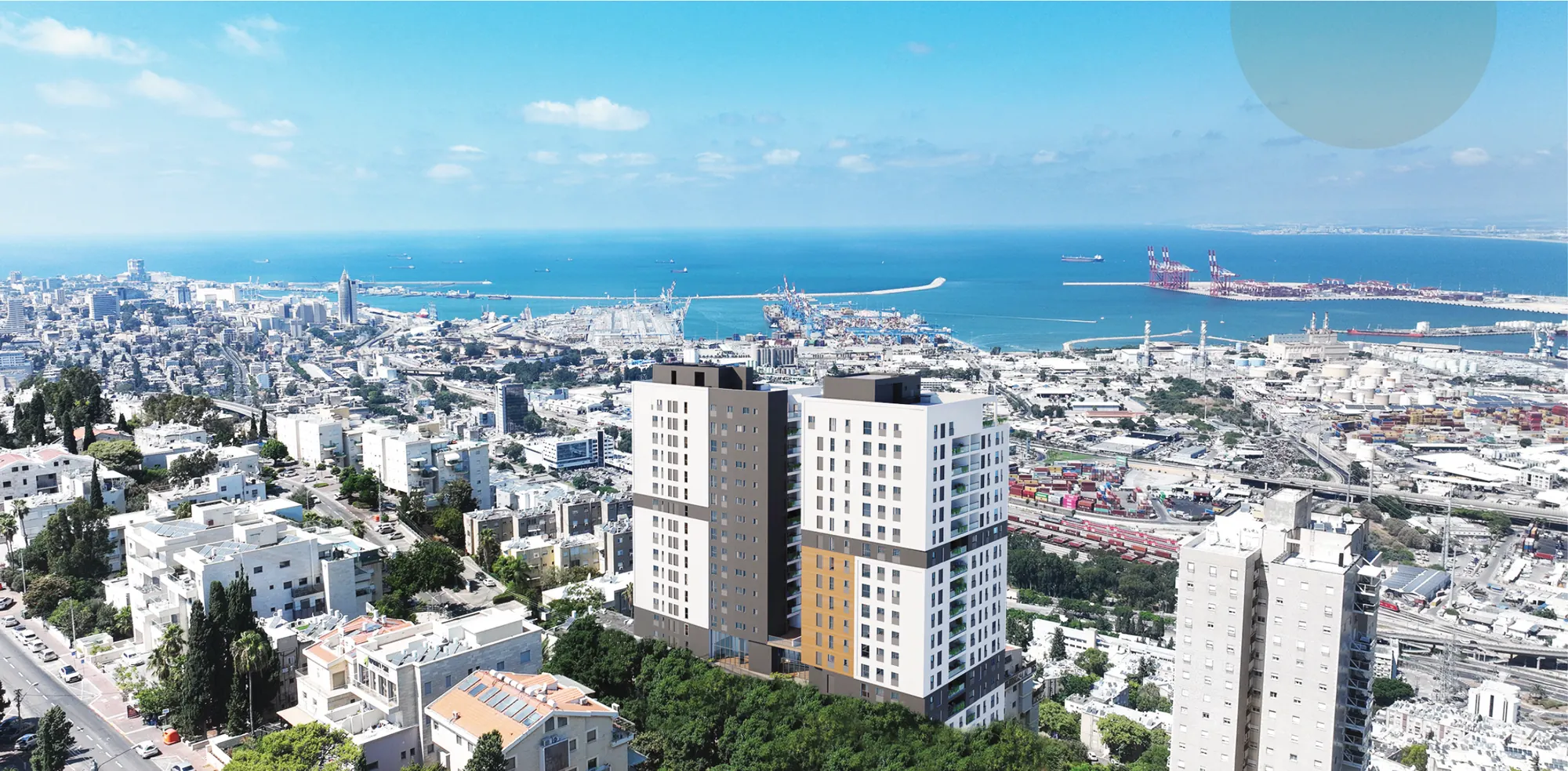 מבט אווירי על חיפה והמפרץ, עם הדמיית גליל וים בנווה שאנן